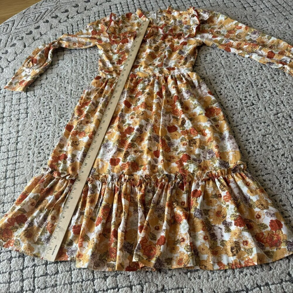 Vintage Boho Floral Long-Sleeve Ruffle‎ Dress Autumn Colors Made in USA Small